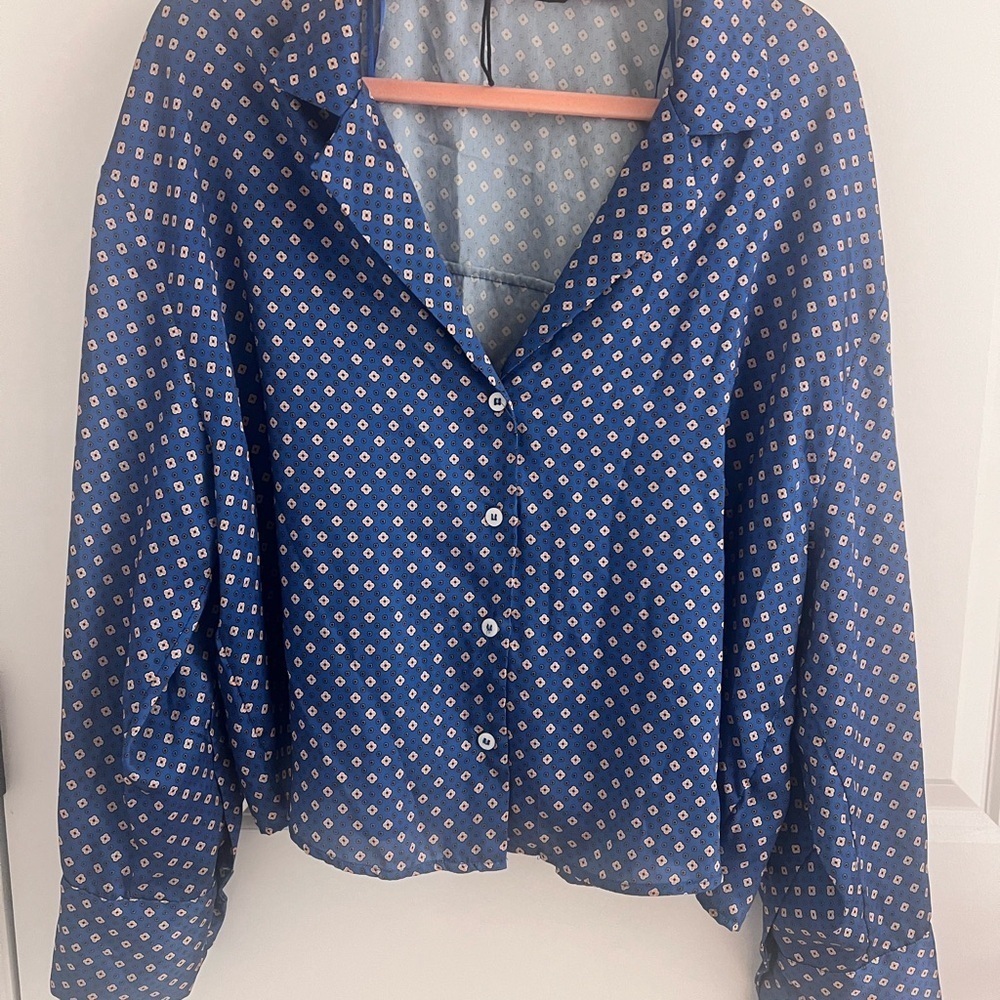 Zara Blue Boxy Satin Button Down Shirt with Notched Collar Size Large - Picture 5 of 10